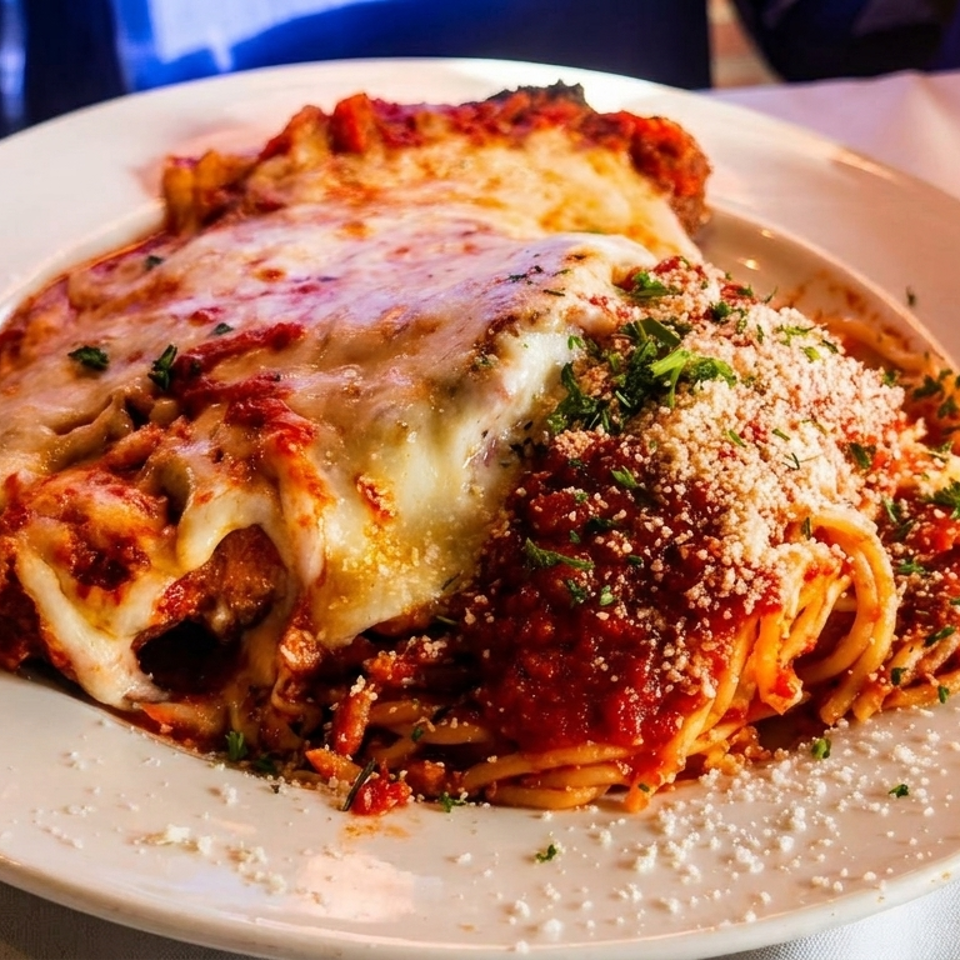 A plate of spaghetti with red sauce, melted cheese, and parmesan, with a person's hands nearby.