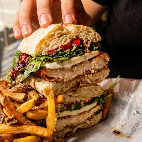 A hand holds a large chicken sandwich with mozzarella, arugula, and red sauce, served with fries.