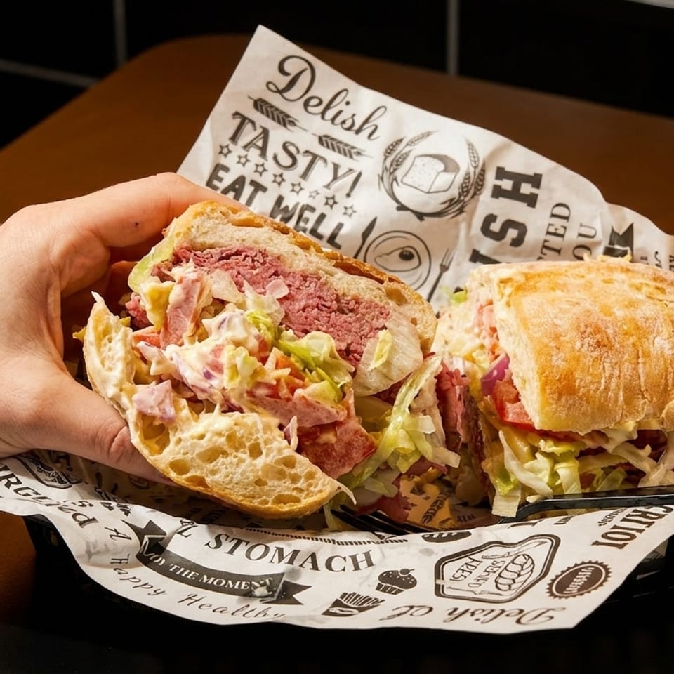 A hand holds a large deli sandwich with corned beef, coleslaw, and lettuce on ciabatta bread.