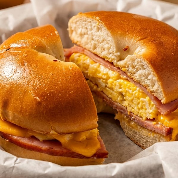 A sliced bagel sandwich with ham, scrambled eggs, and melted cheese in a paper-lined basket.
