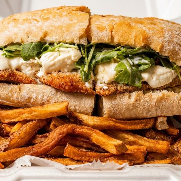 Crispy chicken sandwich with fresh mozzarella, arugula, and fries in a white takeout container.