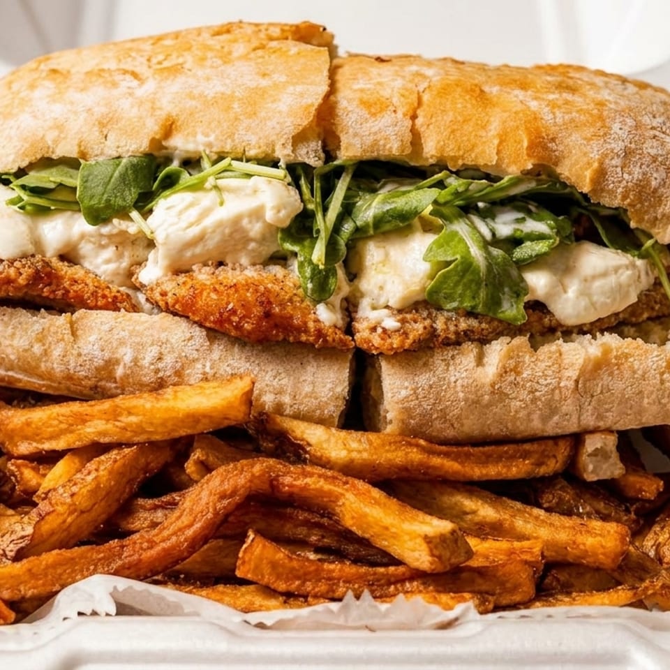Crispy chicken sandwich with fresh mozzarella, arugula, and fries in a white takeout container.