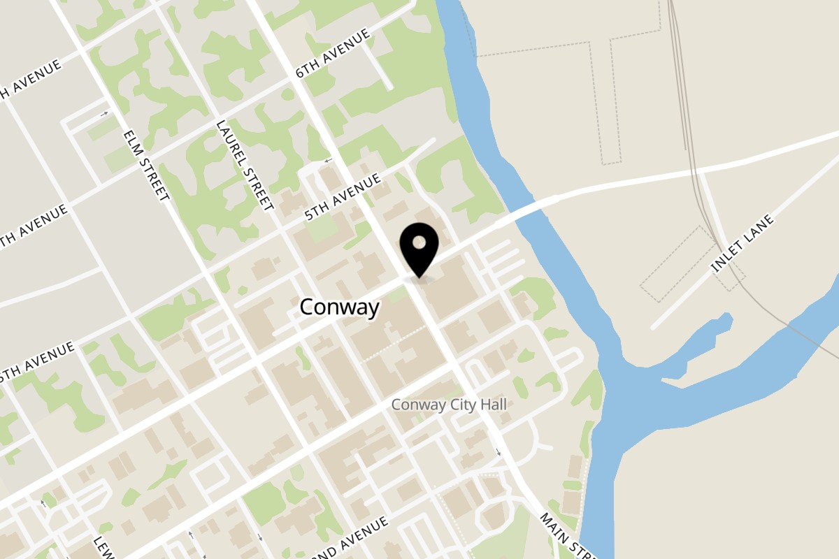 Map showing the location of Leone's Restaurant on 332 N Main St in Conway